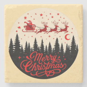 Santa's Sleigh Frohe Weihnachtswaldszene Kunst Steinuntersetzer