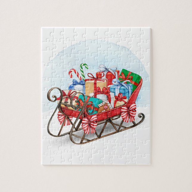 Santa's Sleigh Jigsaw Puzzle (A festive sleigh filled with colorful presents, adorned with candy canes and ribbons.)