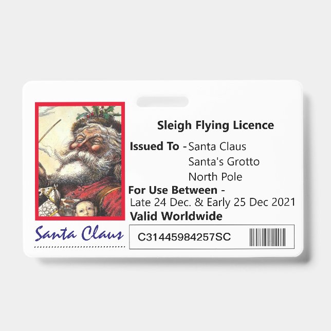 Santa's Sleigh Novelty License for Kids Abzeichen Ausweis (Vorderseite)