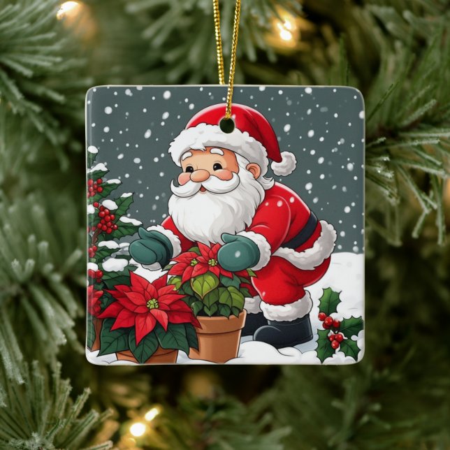 Santa's Snowy Poinsettia Garden Keramikornament (Baum)