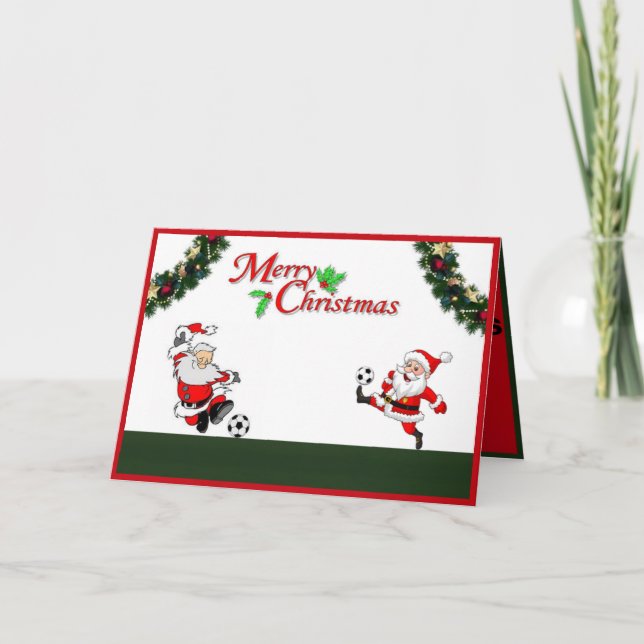 Santas spielt Fußball Weihnachtskarte Karte (Vorderseite)