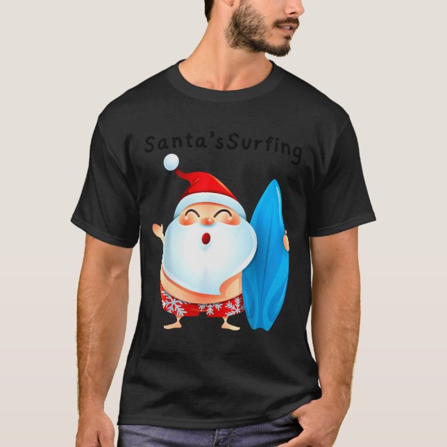 Santa's Surfing, Santa Christmas In July  T-Shirt (Vorderseite)