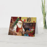 Santa's Vizsla Feiertagskarte<br><div class="desc">Santa auf Zuhause mit seinen Vizsla,  entspannen vor einem gemütlichen Feuer vor der großen Nacht.  (Man beachte Mona Lisa über dem Mantel.)</div>