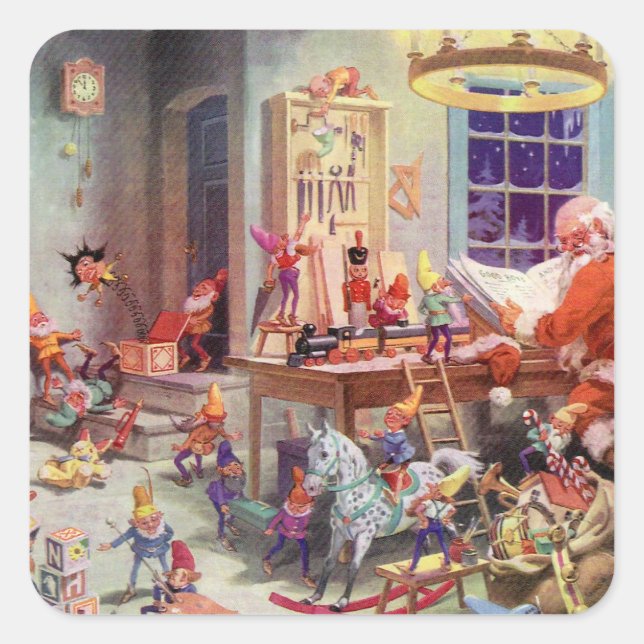 Santas Workshop Quadratischer Aufkleber (Vorderseite)