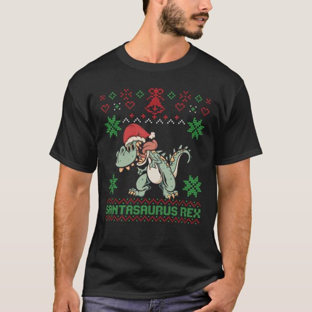 Santasaurus Rex Dinosaur Tacky Weihnachten T-Shirt (Vorderseite)
