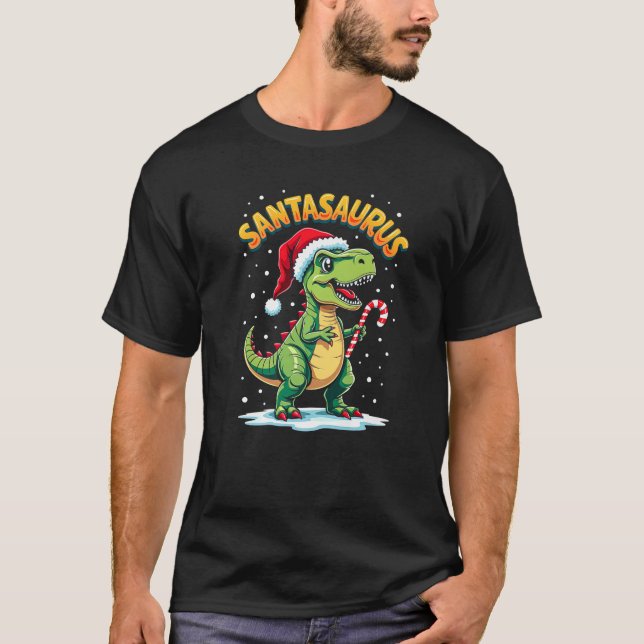 Santasaurus Rex Funny Dinosaur xmas Santa Hat Cand T-Shirt (Vorderseite)