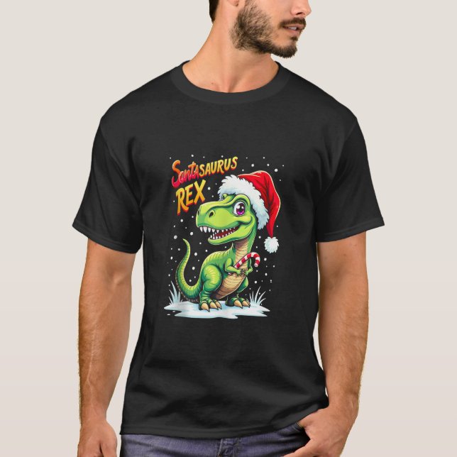 Santasaurus Rex Funny Dinosaur xmas Santa Hat Cand T-Shirt (Vorderseite)