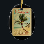 Santiago de Cuba Palm Tree Vintage Keramik Ornament<br><div class="desc">Ein einzigartig Retro Mitte des Jahrhunderts modernen Santiago de Cuba Kunstdruck in Vintage Reise Poster Stil. Es verfügt über eine geschwungene Palme am Sandstrand mit Ozean unter einem blauen bewölkten Himmel.</div>