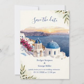 Santorin Blaue Aquarell-Zielhochzeit Einladung