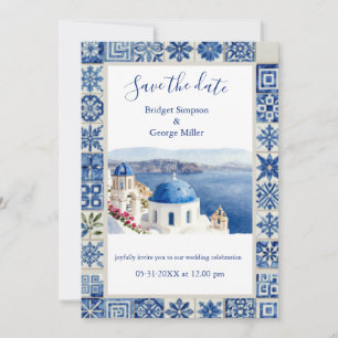 Santorin Blaue Fliesen Wasserfarbe Destination Hoc Einladung