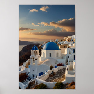 Santorin Blaue Kuppeln Vintage-Reiseposter Poster