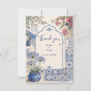 Santorin florale Blaue Fliesen Wasserfarbe Hochzei Dankeskarte