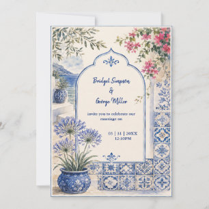 Santorin florale blaue Fliesen Wasserfarbe Hochzei Einladung