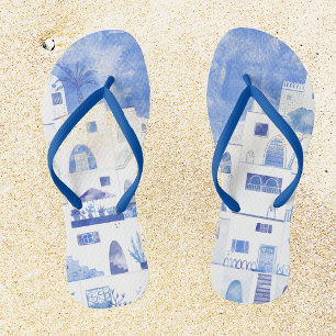 Santorin Griechenland Aquarell Blau Weiß Flip Flops