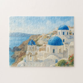 Santorin Griechenland Aquarell Blaue Kuppel Kirch Puzzle