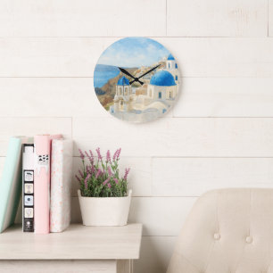 Santorin Griechenland Aquarell Blaue Kuppel Kirche Große Wanduhr