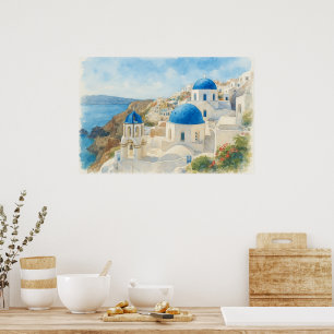 Santorin Griechenland Aquarell Blaue Kuppelkirche Poster
