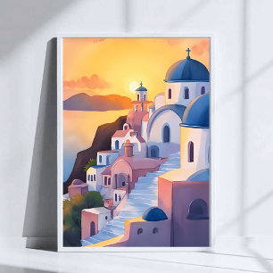 Santorin, Griechenland Aquarell Küstenlinie Sonn Poster