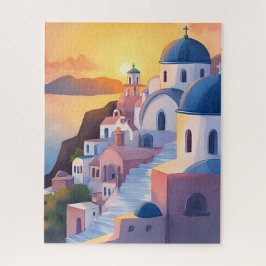 Santorin, Griechenland | Aquarell-Küstenlinie Sonn Puzzle