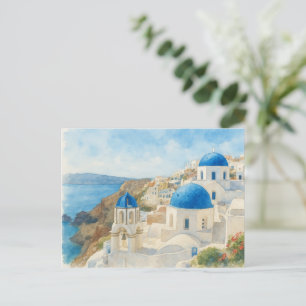 Santorin Griechenland Aquarellkarte, Blaue Kuppelk Postkarte