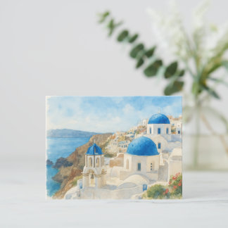 Santorin Griechenland Aquarellkarte, Blaue Kuppelk Postkarte