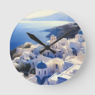 Santorin Griechenland Aquarellmalerei Runde Wanduhr