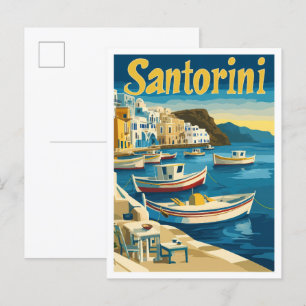 Santorin Griechenland Kunst Vintage Reiseillustrat Postkarte