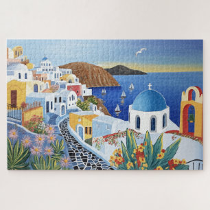 Santorin Griechenland Lebendige Aquarellmalerei Puzzle