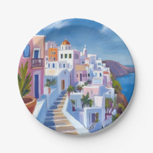 Santorin Griechenland Malerei Aquarell Reise Pappteller