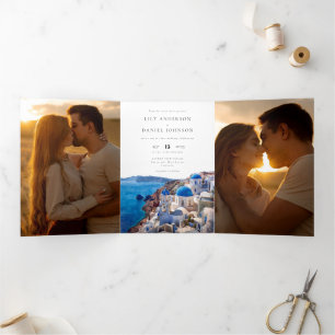 Santorin Griechenland QR Code 3 Foto Hochzeit Dreifach Gefaltete Einladung