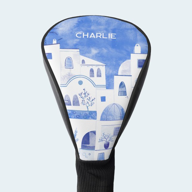 Santorin Personalisiertes Wasserbad Art Golf Headcover (Santorini Greece blue and white watercolor personalized name golf head cover)