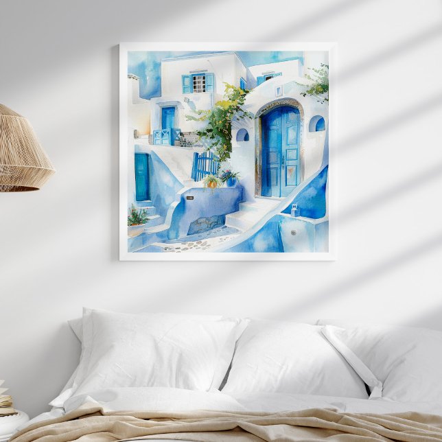 Santorin - Südtirol Poster (Watercolor Santorini Greek Wall Art in a neutral coastal boho bedroom in a white frame.)