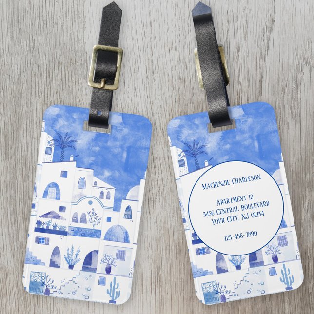 Santorin Wasserfarbe Kunst Gepäckanhänger (Santorini blue and white watercolor painting on luggage tags)