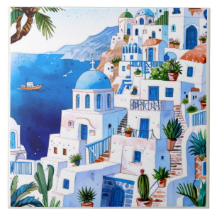 Santorini am Meer, Griechenland Blue Watercolor Gr Fliese