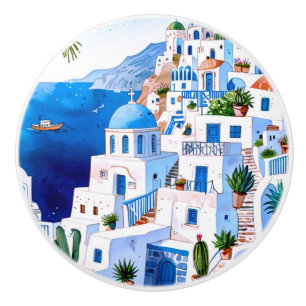 Santorini am Meer, Griechenland Blue Watercolor Gr Keramikknauf