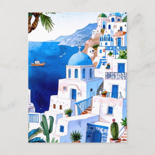 Santorini am Meer, Griechenland Blue Watercolor Gr Postkarte