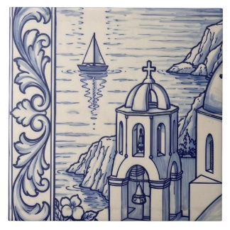 Santorini Azulejo-Muralfliese 3 von 6 Mitte links Fliese