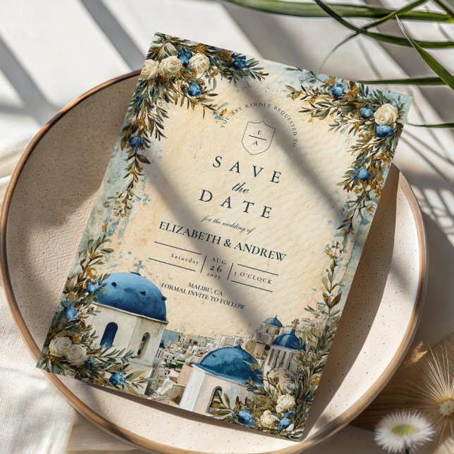Santorini Blue Dome Botanical Destination Wedding Save The Date (Von Creator hochgeladen)