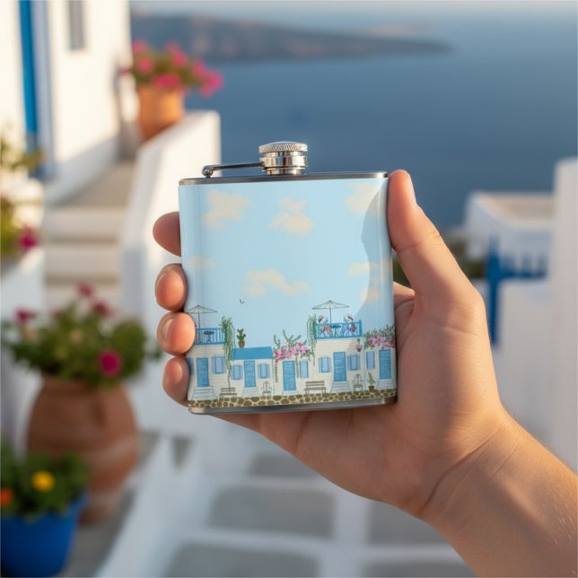 Santorini Blue White Greek Village Coastal Art Flachmann (Von Creator hochgeladen)