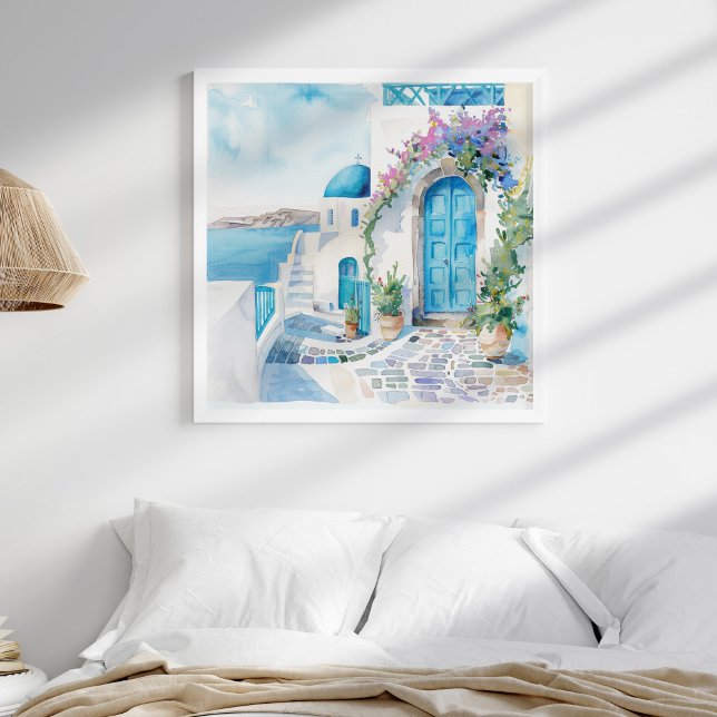 Santorini Church Beach Coasta Poster (Santorini Church Beach Coastal Wall Art in a neutral coastal boho bedreoom in a white frame.)