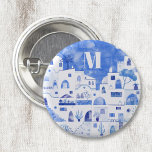 Santorini Greece Aquatercolor Monogram Button<br><div class="desc">Ein Aquarellbild der schönen griechischen Insel Santorin. Originelle Kunst von Nic Squirrell. Ändern Sie das Monogramm zuerst,  um es zu personalisieren.</div>