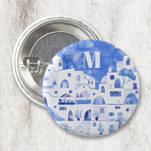 Santorini Greece Aquatercolor Monogram Button
