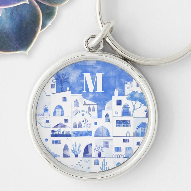 Santorini Greece Aquatercolor Monogram Schlüsselanhänger (Monogram initial blue and white watercolor Oia Santorini keyring)