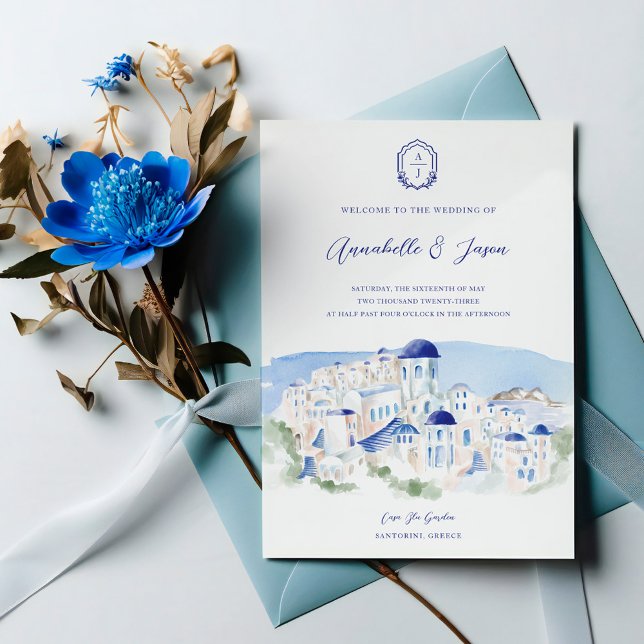 Santorini Greece Architecture Watercolor Wedding Einladung (Santorini Greece Architecture Watercolor Wedding Invitation)