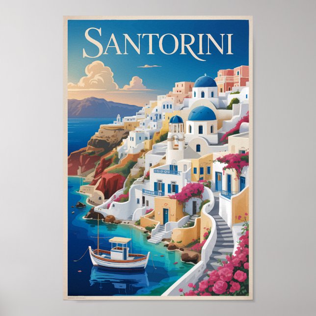 Santorini Greece Illustration Travel Art Vintage Poster (Vorne)