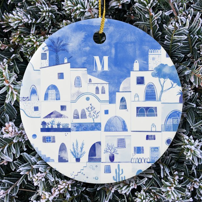 Santorini Greece Monogram Watercolor Keramik Ornament (Monogram initial Santorini blue and white watercolor art ceramic ornament)