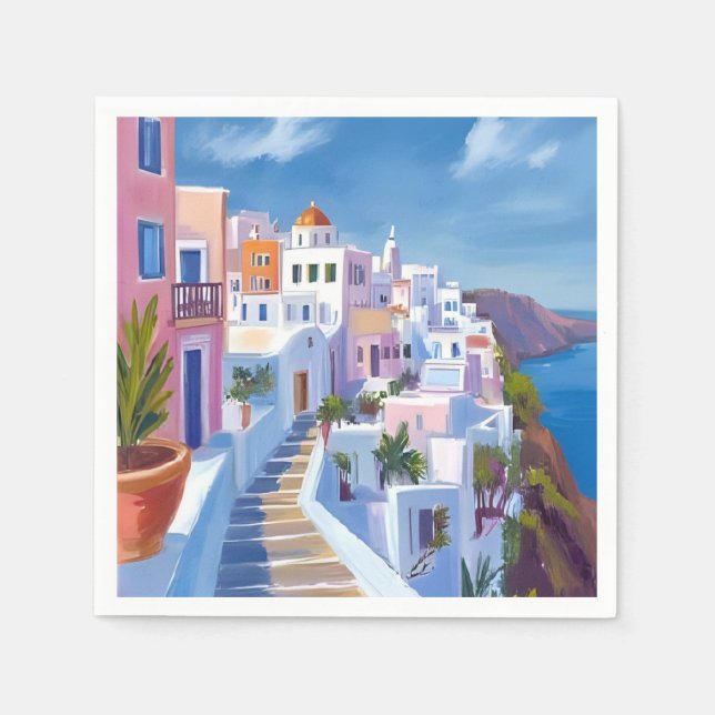 Santorini Greece Painting Watercolor Travel Serviette (Vorderseite)