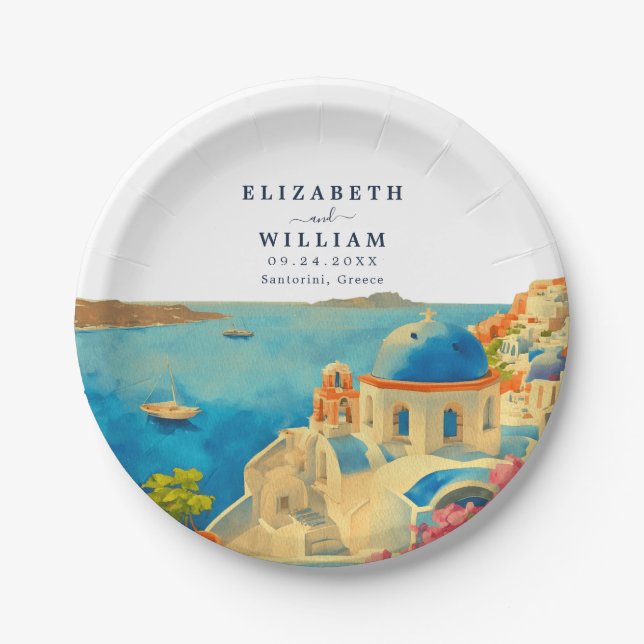 Santorini Greece Watercolor Skyline Wedding Pappteller (Vorderseite)