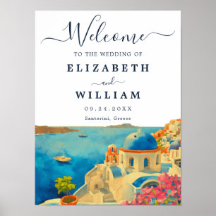 Santorini Greece Watercolor Skyline Wedding Poster