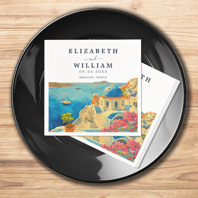 Santorini Greece Watercolor Skyline Wedding Serviette (Von Creator hochgeladen)